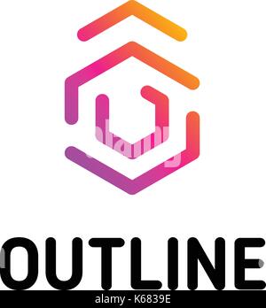 Isolated line art arrow up logo template. Abstract linear logotype. Colorful geometric icon. Outline innovate design elements. Vector simple futuristic sign. Hexagon shapes of lines. Stock Vector