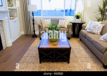 A decorated living room complete with bookshelves, a couch, armchairs and a table. Stock Photo