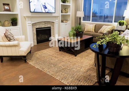 A decorated living room complete with bookshelves, a couch, armchairs and a table. Stock Photo