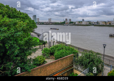 London, UK - August 20, 2017: View of the Mc Dougal Park on the Isle of Dogs. Ariel view looking accross the River Thames. Stock Photo