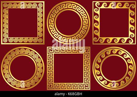 Set golden frames with Greek Meander pattern Stock Vector