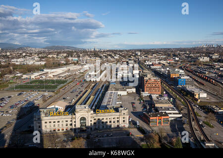 Downtown Vancouver, BC, Canada - Apr 02, 2017 - Aerial View of Pacific Central Train Station. Stock Photo
