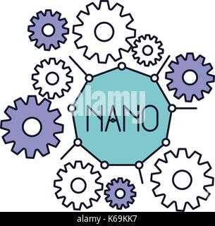 set gear machinery with nano text in center in color silhouette Stock Vector