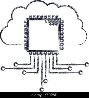 cloud storage data and cpu microprocessor icon in blurred silhouette Stock Vector