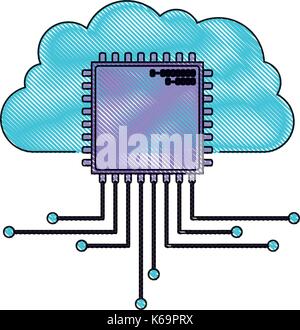 cloud storage data and cpu microprocessor icon in color crayon silhouette Stock Vector