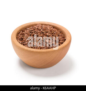Flax seeds, Linseed, Lin seeds close-up brown flax seed or linseed in a wooden bowl, isolated on white. Stock Photo