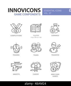 Game Components - modern vector line design icons set. Competition, player registration, earning, training, team, transfer, online first person shoote Stock Vector