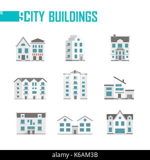 Nine city buildings set of icons - vector illustration on white background. Double, three, five-storey houses with nice facades, balconies. Various sh Stock Vector