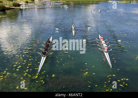 Young people training rowing on the lake Jarun in Zagreb Stock Photo