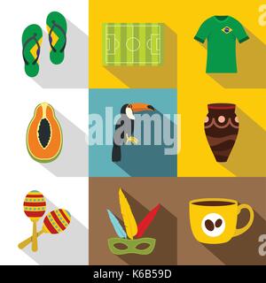 Symbols of Brasil icon set, flat style Stock Vector