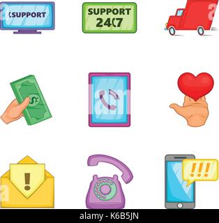 Cleaning support call center icon set, cartoon style Stock Vector