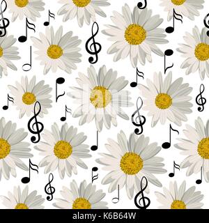 Seamless pattern with music notes and daisies Stock Vector