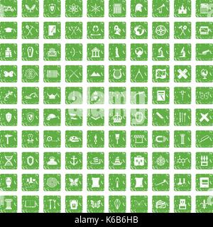 100 archeology icons set grunge green Stock Vector
