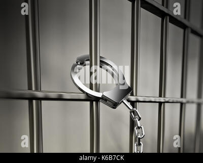 Handcuffs attached to metal prison bars.3D illustration. Stock Photo