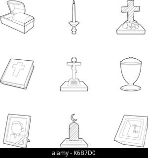 Burial service icons set, outline style Stock Vector