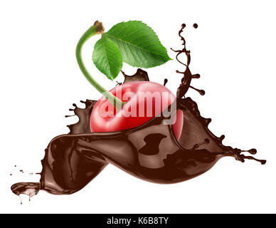 cherry in chocolate splash isolated on a white background. Stock Photo