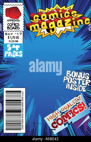 Editable comic book cover with abstract explosion background. Stock Vector