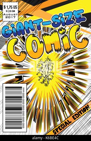 Editable comic book cover with abstract explosion background. Stock Vector