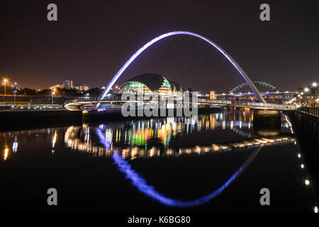 The Newcaste-Upon-Tyne/Gateshead quayside at night, showing the Sage, Milennium and Tyne bridges Stock Photo
