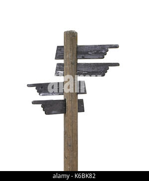 Old vintage road signpost with four hand shaped wooden planks blank copy space arrows different directions, left down and right, isolated on white bac Stock Photo