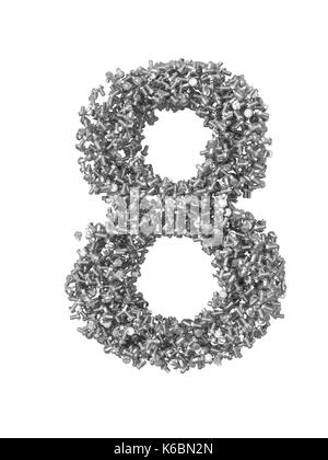 3D render of silver or grey numbers make from bolts. Number 8 with clipping path. Isolated on white background Stock Photo