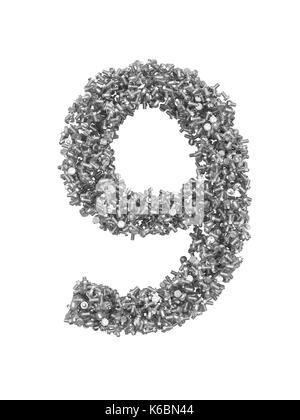 3D render of silver or grey numbers make from bolts. Number 9 with clipping path. Isolated on white background Stock Photo