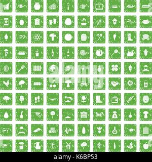 100 farming icons set grunge green Stock Vector