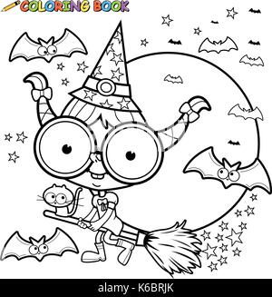 Halloween witch flying with broom. Black and white coloring page