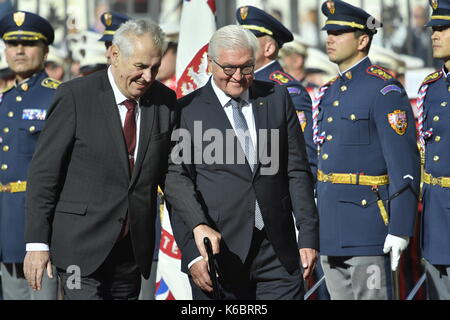 Czech President Milos Zeman, left, welcomes Germany President Frank-Walter Steinmeier, right, in Prague for his first official visit, Tuesday, Sept. 1 Stock Photo