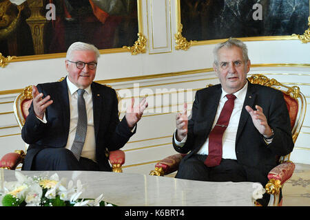 Czech President Milos Zeman, right, welcomes Germany President Frank-Walter Steinmeier, left, in Prague for his first official visit, Tuesday, Sept. 1 Stock Photo