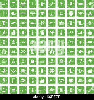 100 farm icons set in grunge style green color isolated on white background vector illustration Stock Vector