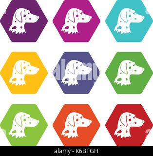 Dalmatians dog icon set many color hexahedron isolated on white vector illustration Stock Vector