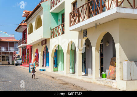 CAPE VERDE SAL Town centre of Santa Maria Sal, with colourful houses and locals Santa Maria town, Sal island, Cape Verde, Africa Stock Photo