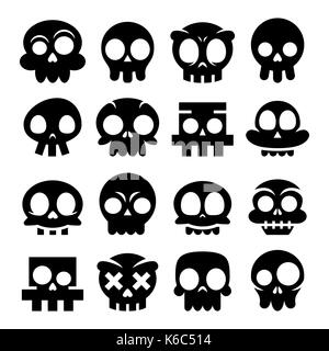 Halloween vector cartoon skull icons, Mexican cute black sugar skulls design set, Dia de los Muertos Stock Vector
