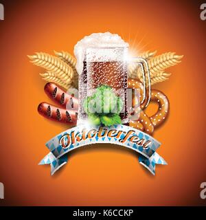 Oktoberfest vector illustration with fresh dark beer on orange background. Celebration banner for traditional German beer festival. Stock Vector