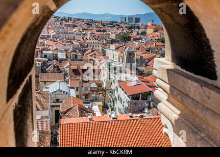 View from the inside of a high ancient tower in the city of Split. Stock Photo