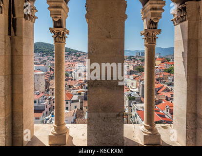 View from the inside of a high ancient tower in the city of Split. Stock Photo