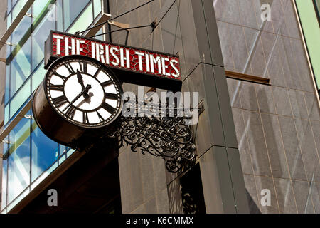 The Irish Times newspaper building headquarters. Clock and leaded glass sign. Dublin, Republic of Ireland, Europe, European Union, EU. Stock Photo