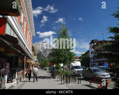 Banff Avenue with Mount Norquay in the distance, Banff, Alberta, Canada. Stock Photo