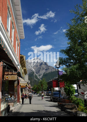 Banff Avenue with Mount Norquay in the distance, Banff, Alberta, Canada. Stock Photo