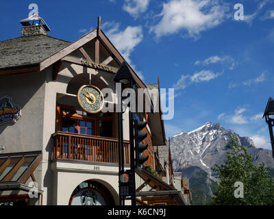 Corner of Caribou St and Banff Avenue with Mount Norquay in the distance, Banff, Alberta, Canada. Stock Photo