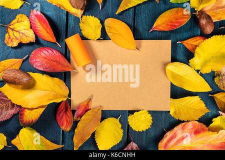 A vibrant orange cork, shot from above with autumn leaves and brown kraft card for copy space, on dark rustic background. Autumn wine photo for tastin Stock Photo