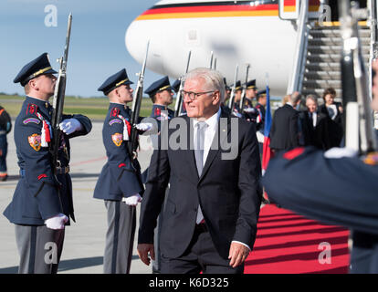 Prague, Czech Republic. 12th Sep, 2017. German president Frank-Walter Steinmeier arrives at the airport in Prague, Czech Republic, 12 September 2017. The German president will be in the Czech Republic's capital for an one-day inaugural visit. Photo: Bernd von Jutrczenka/dpa/Alamy Live News Stock Photo