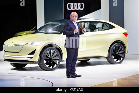 Frankfurt, Germany. 12th Sep, 2017. Skoda Auto CEO Bernhard Maier presented in European premiere electric SUV concept car Skoda Vision E during the 67th International Motor Show (IAA) in Frankfurt, Germany, on Tuesday, Sept. 12th, 2017. Credit: Petr Mlch/CTK Photo/Alamy Live News Stock Photo