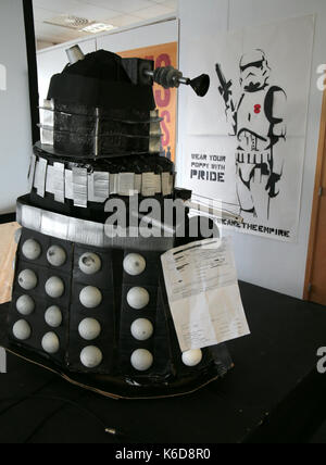 London, UK. 12th Sep, 2017. The Dalek that was actually arrested and served with an arrest notice, when protesters gathered by the Excel center the day before of the fair to stop the lorries from entering the Excel center carrying the exhibits for the Arm Trade convention @Paul Quezada-Neiman/Alamy Live News Credit: Paul Quezada-Neiman/Alamy Live News Stock Photo