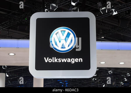 Frankfurt, Germany. 12th Sep, 2017. Germany, Frankfurt, September 12, 2017, 67th International Motorshow IAA: Volkswagen Logo. Credit: Juergen Schwarz/Alamy Live News Stock Photo