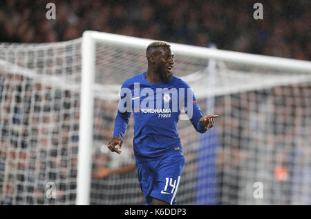 London, UK. 12th Sep, 2017. Tiemoue Bakayoko of Chelsea celebrates after scoring during the UEFA Champions League Group C match between Chelsea and Qarabag FK at Stamford Bridge Stadium in London, Britain on Sept. 12, 2017. Chelsea won 6-0. Credit: Han Yan/Xinhua/Alamy Live News Stock Photo