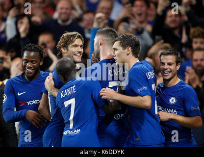 London, UK. 12th Sep, 2017. Players of Chelsea celebrate after scoring during the UEFA Champions League Group C match between Chelsea and Qarabag FK at Stamford Bridge Stadium in London, Britain on Sept. 12, 2017. Chelsea won 6-0. Credit: Han Yan/Xinhua/Alamy Live News Stock Photo