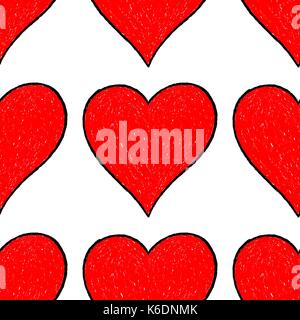 Use it in all your designs. Sketch drawing seamless pattern with red heart sign with contour. Quick and easy recolorable shape. Vector illustration a  Stock Vector