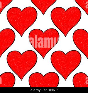 Use it in all your designs. Sketch drawing seamless pattern with red heart sign with contour. Quick and easy recolorable shape. Vector illustration a  Stock Vector